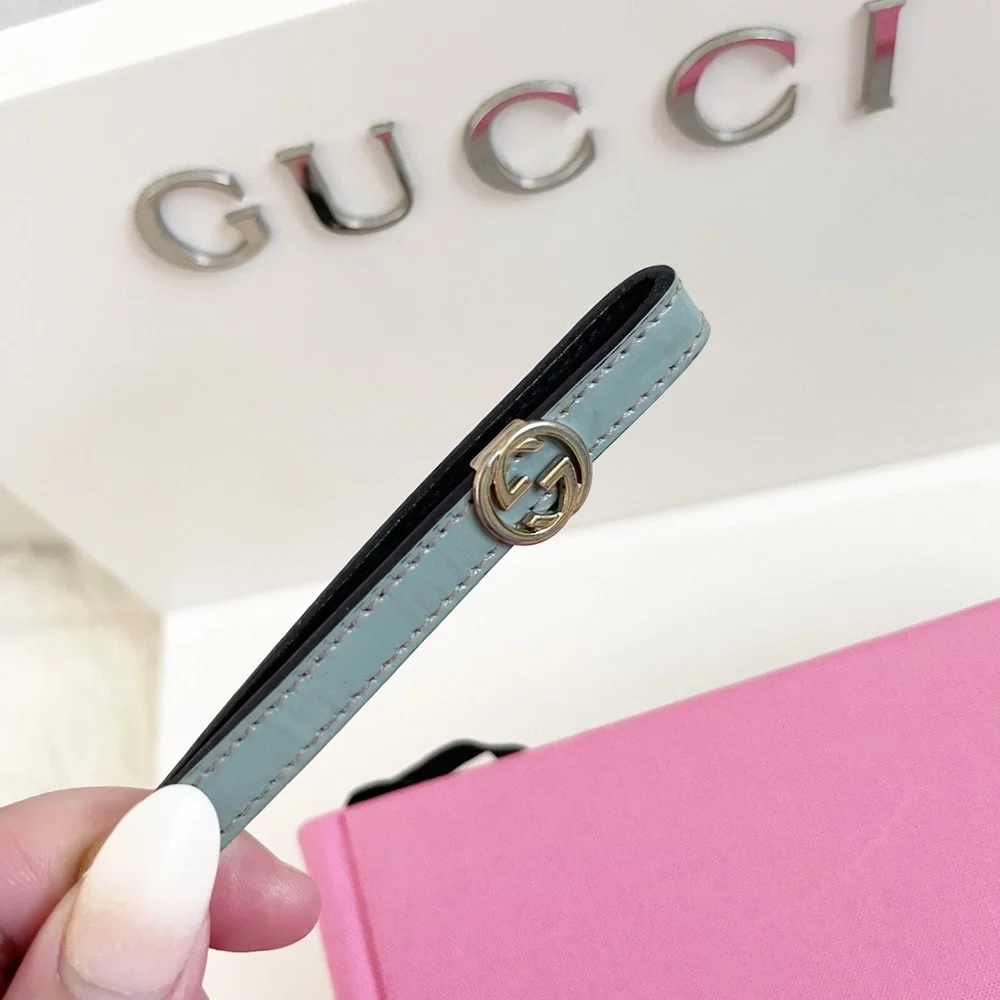 Authentic Gucci Tiffany Blue Patent Leather GG Logo Lanyard / Keychain